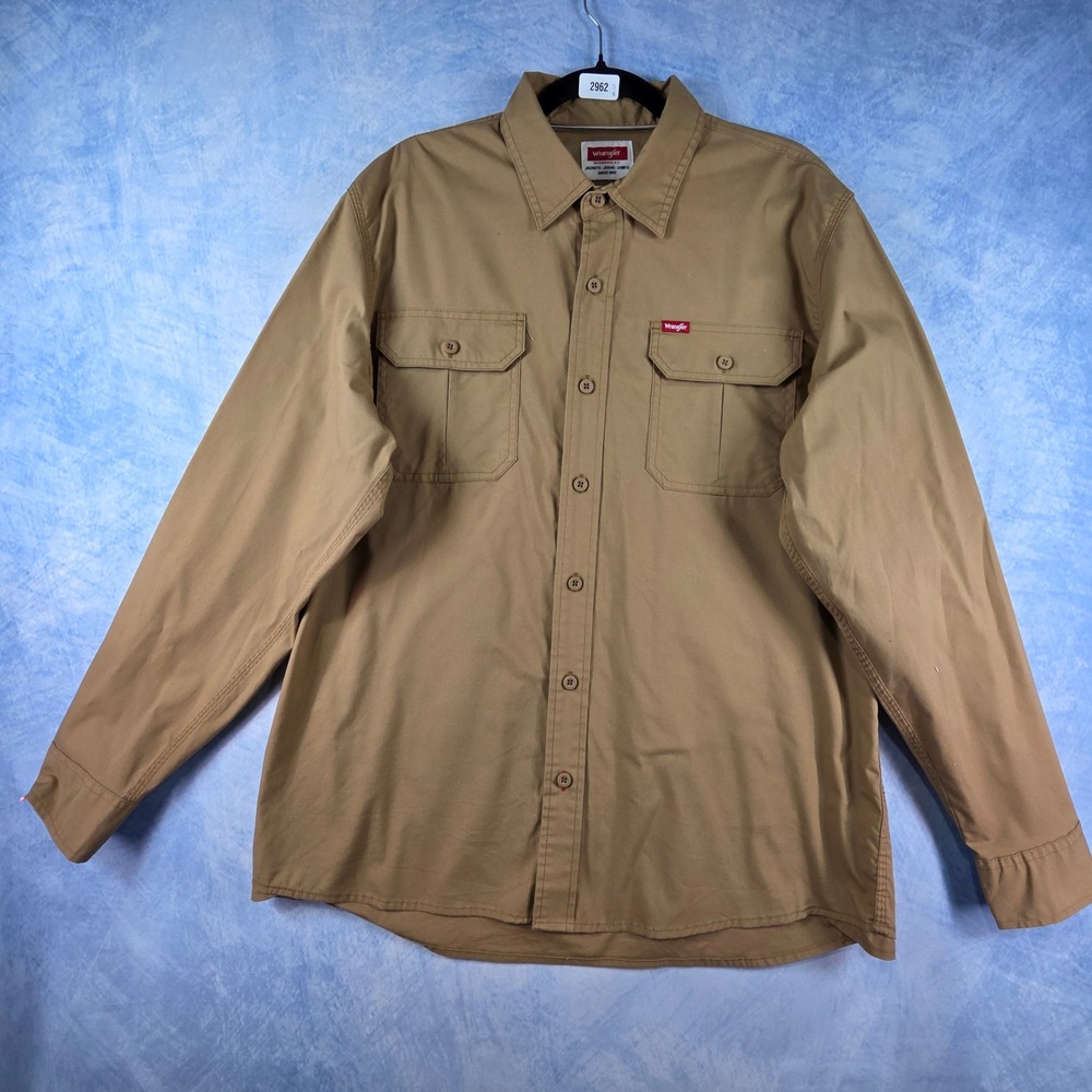 Wrangler Mens Tan Khaki Long Sleeve Button Down Work Utility Shirt Large L